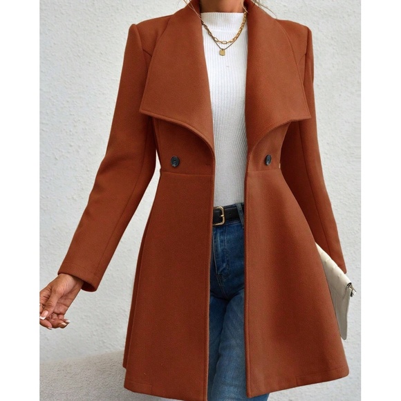 Classic Wide Collar Flare Hem Button Oversized Pea Coat - Picture 11 of 13